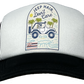 Black and white trucker hat featuring the slogan “Jeep Hair, Don’t Care” with a clear Hawaiian vibe.