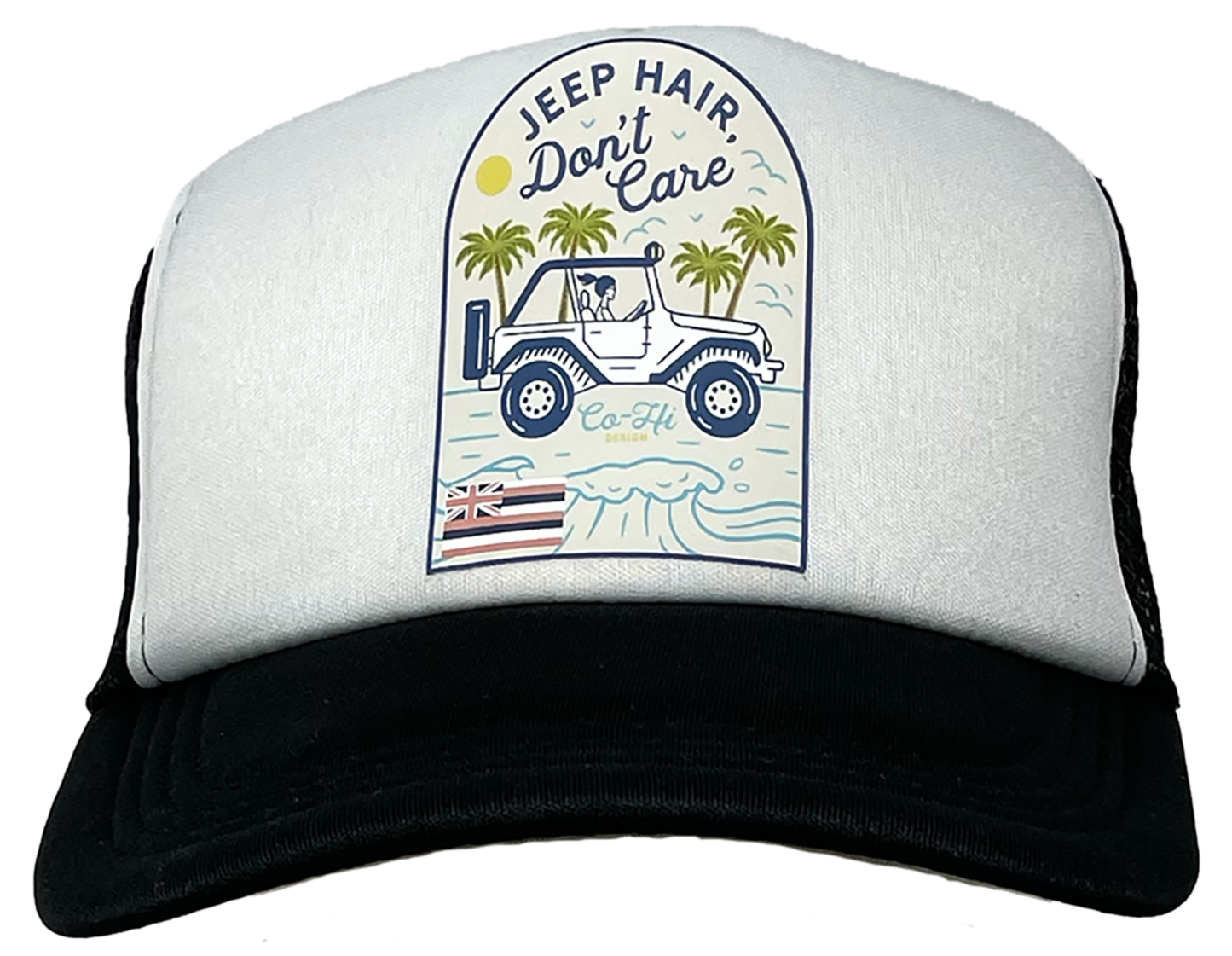 Black and white trucker hat featuring the slogan “Jeep Hair, Don’t Care” with a clear Hawaiian vibe.