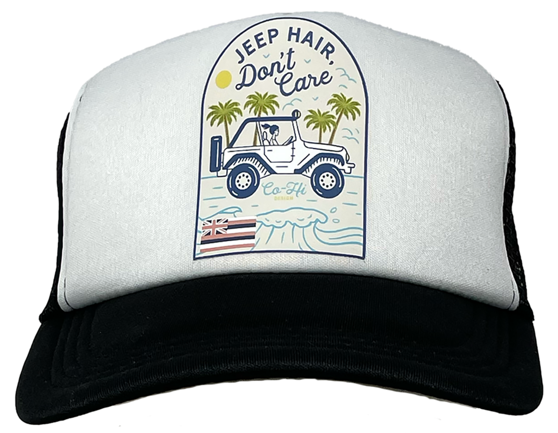 Black and white trucker hat featuring the slogan “Jeep Hair, Don’t Care” with a clear Hawaiian vibe.