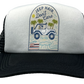Black and white trucker hat featuring the slogan “Jeep Hair, Don’t Care” with a clear Hawaiian vibe.