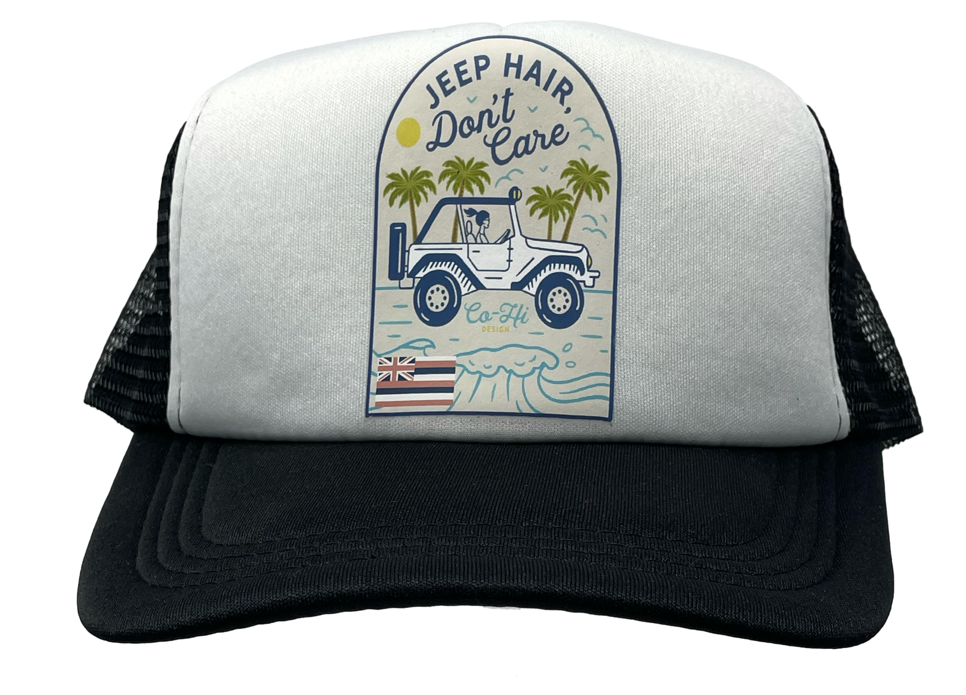 Black and white trucker hat featuring the slogan “Jeep Hair, Don’t Care” with a clear Hawaiian vibe.