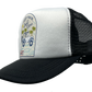 Black and white trucker hat featuring the slogan “Jeep Hair, Don’t Care” with a clear Hawaiian vibe.