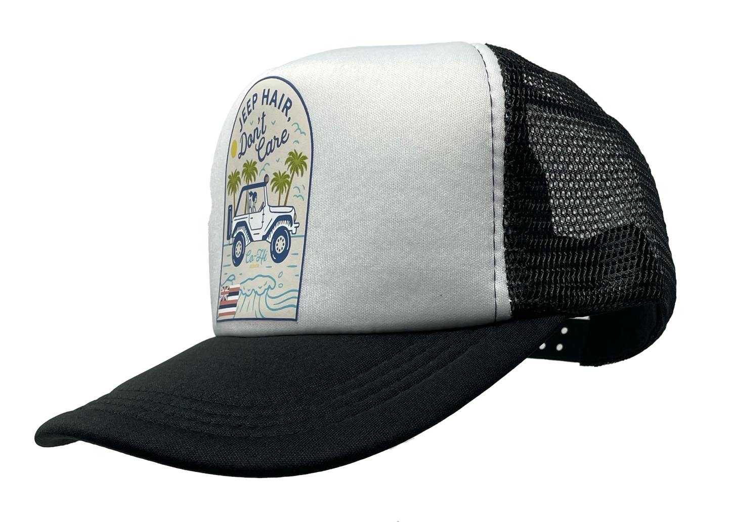 Black and white trucker hat featuring the slogan “Jeep Hair, Don’t Care” with a clear Hawaiian vibe.