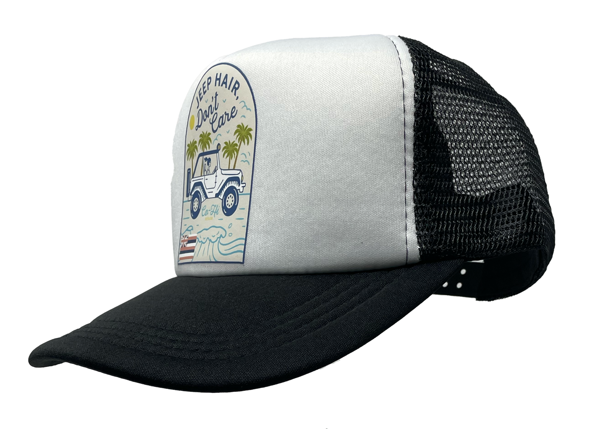 Black and white trucker hat featuring the slogan “Jeep Hair, Don’t Care” with a clear Hawaiian vibe.